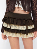 Coffee Low‑Rise Lace Layered Bowknot Ruffle Mini Skort