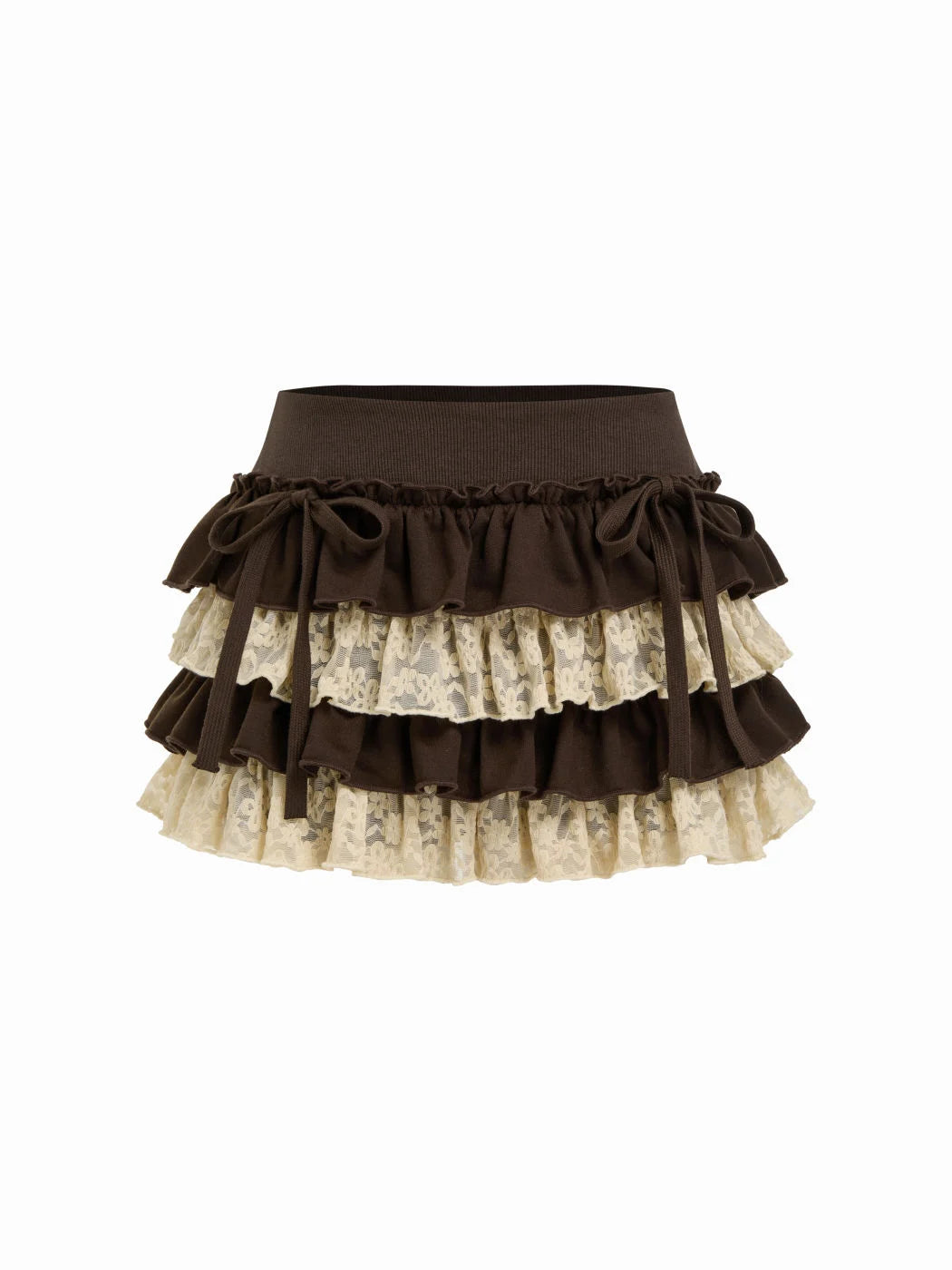 Coffee Low‑Rise Lace Layered Bowknot Ruffle Mini Skort