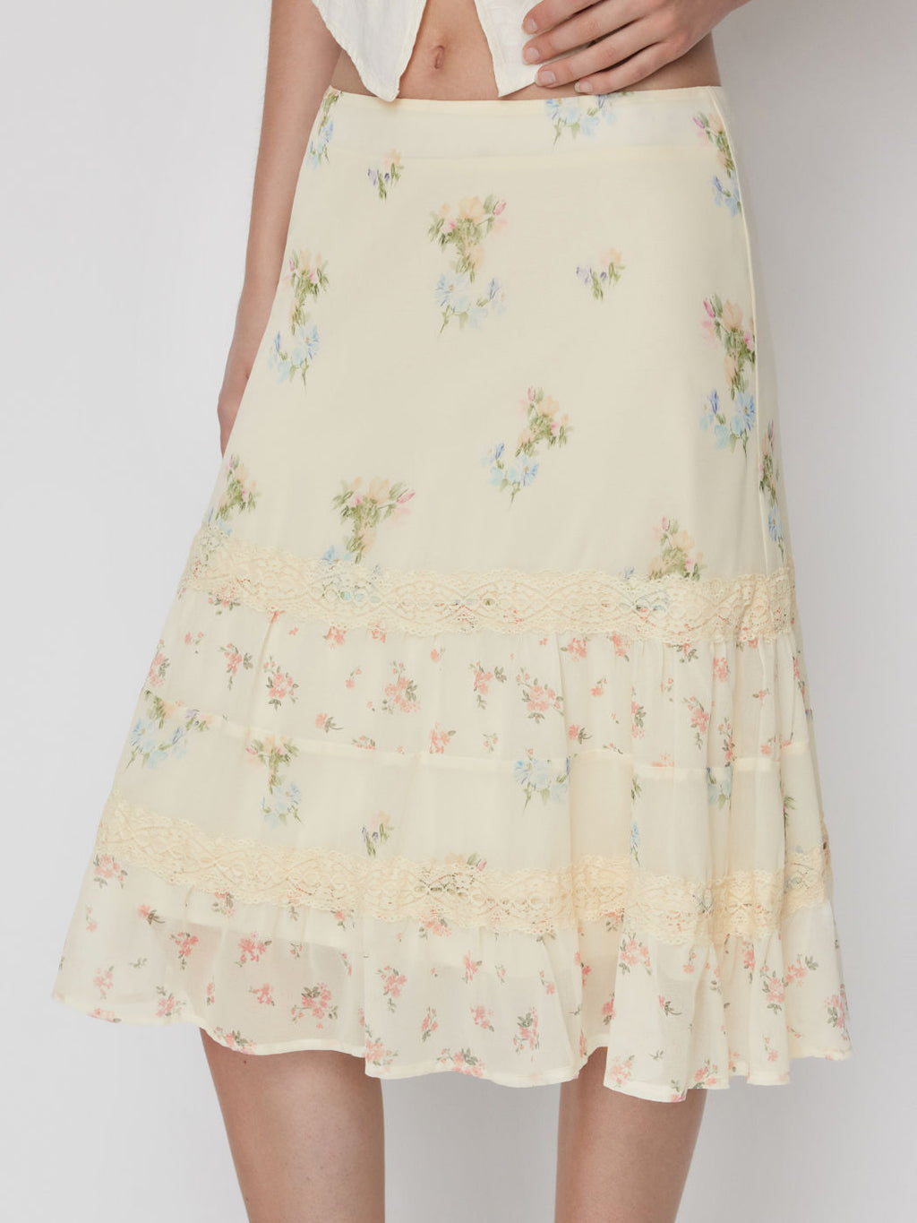 Cream Ditsy Floral Tiered Lace‑Trim Midi Skirt