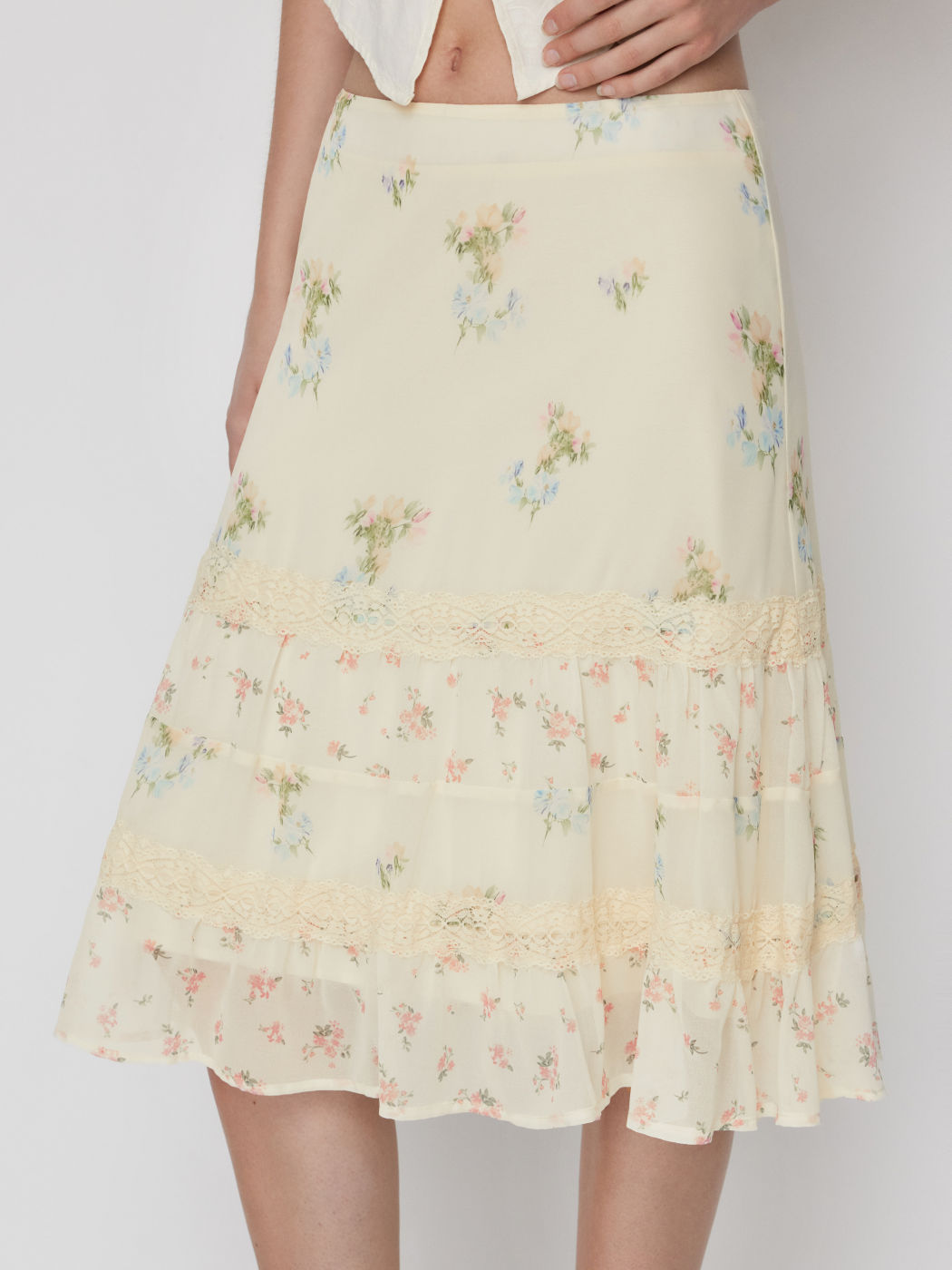 Cream Ditsy Floral Tiered Lace‑Trim Midi Skirt