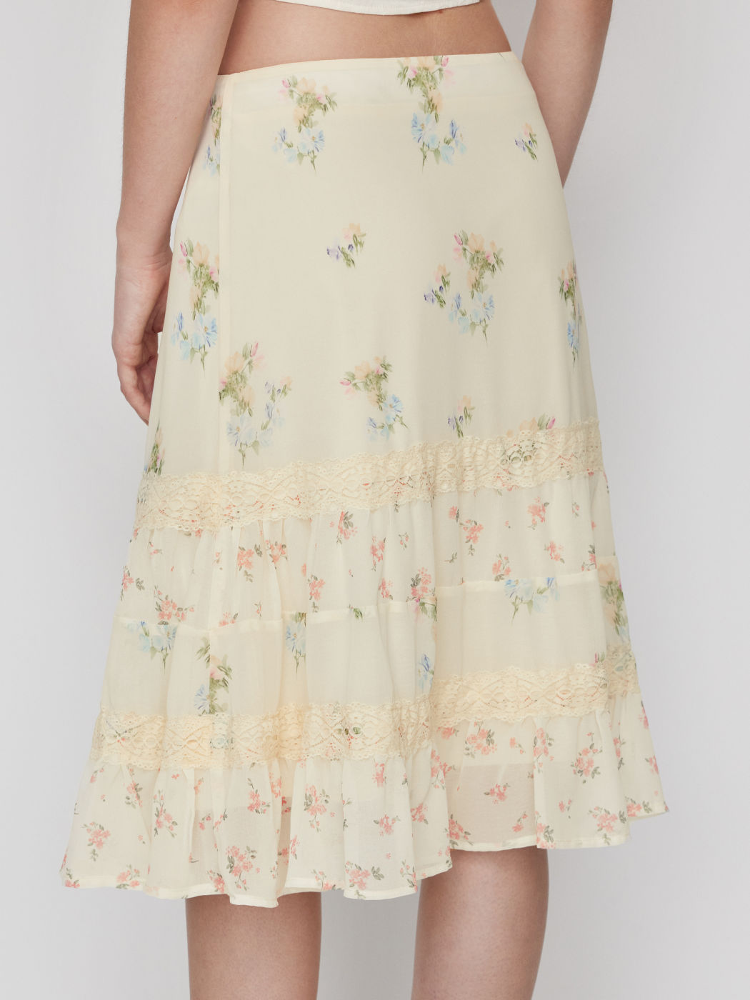 Cream Ditsy Floral Tiered Lace‑Trim Midi Skirt