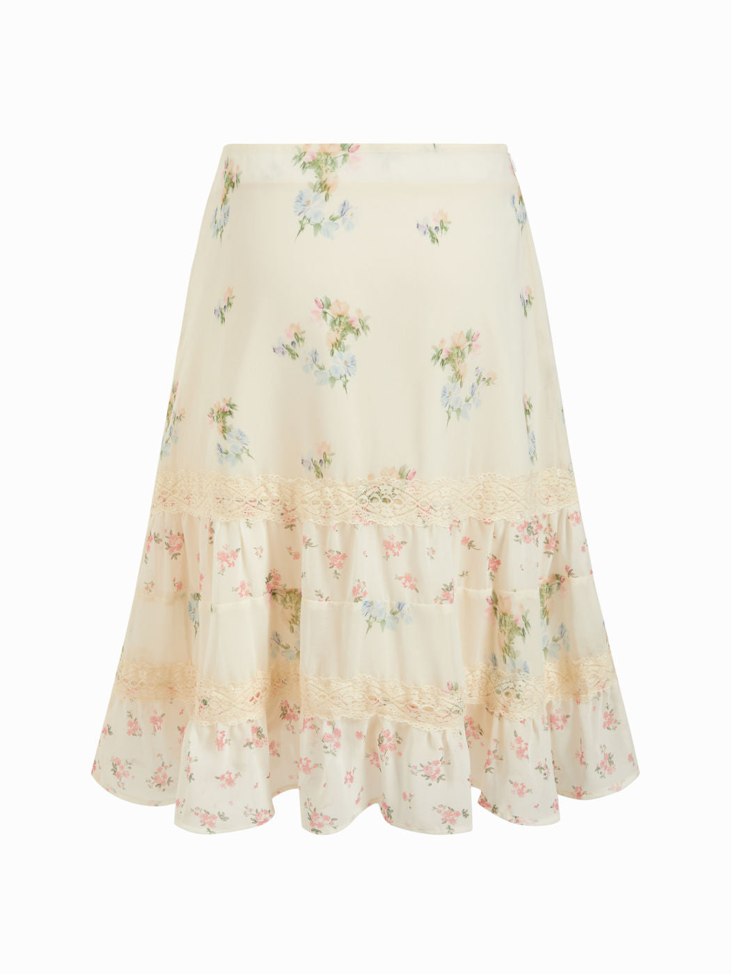 Cream Ditsy Floral Tiered Lace‑Trim Midi Skirt