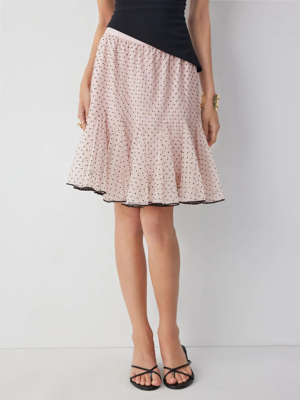 Pink Mesh Low‑Rise Polka Dot Ruffled Flared Midi Skirt