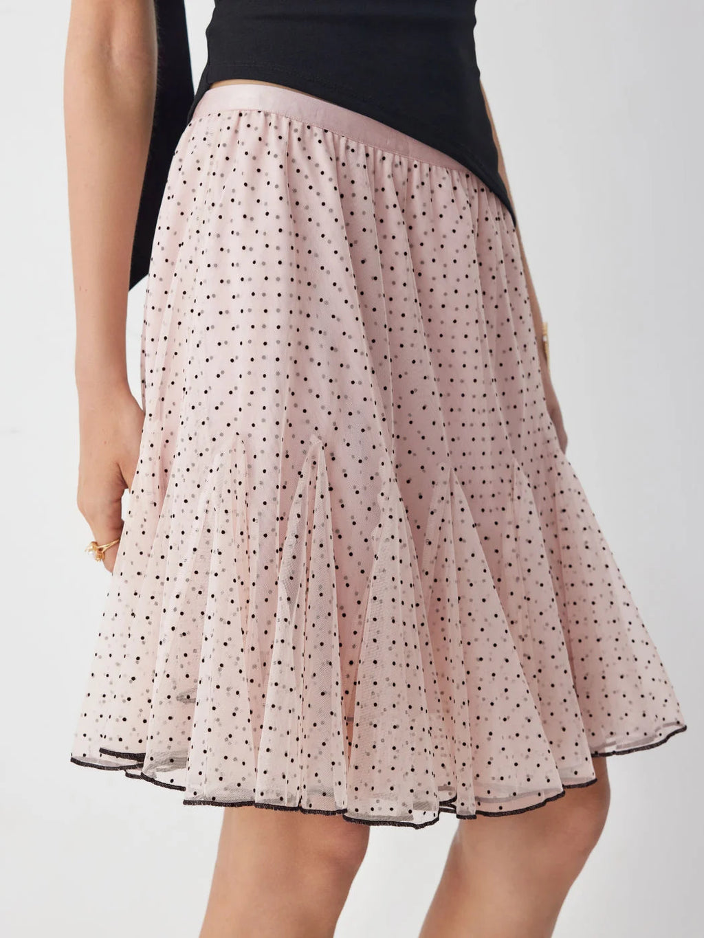 Pink Mesh Low‑Rise Polka Dot Ruffled Flared Midi Skirt