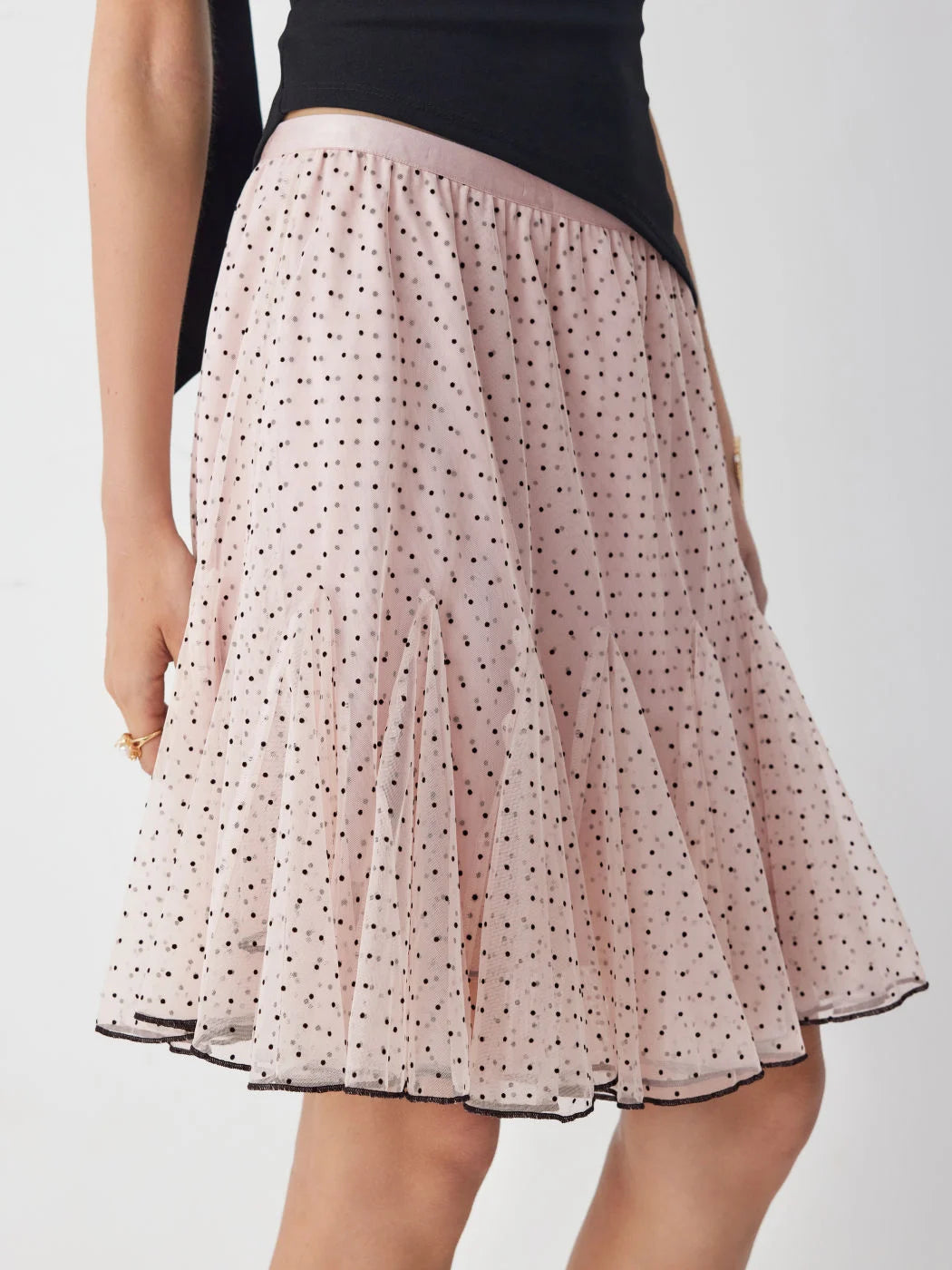 Pink Mesh Low‑Rise Polka Dot Ruffled Flared Midi Skirt