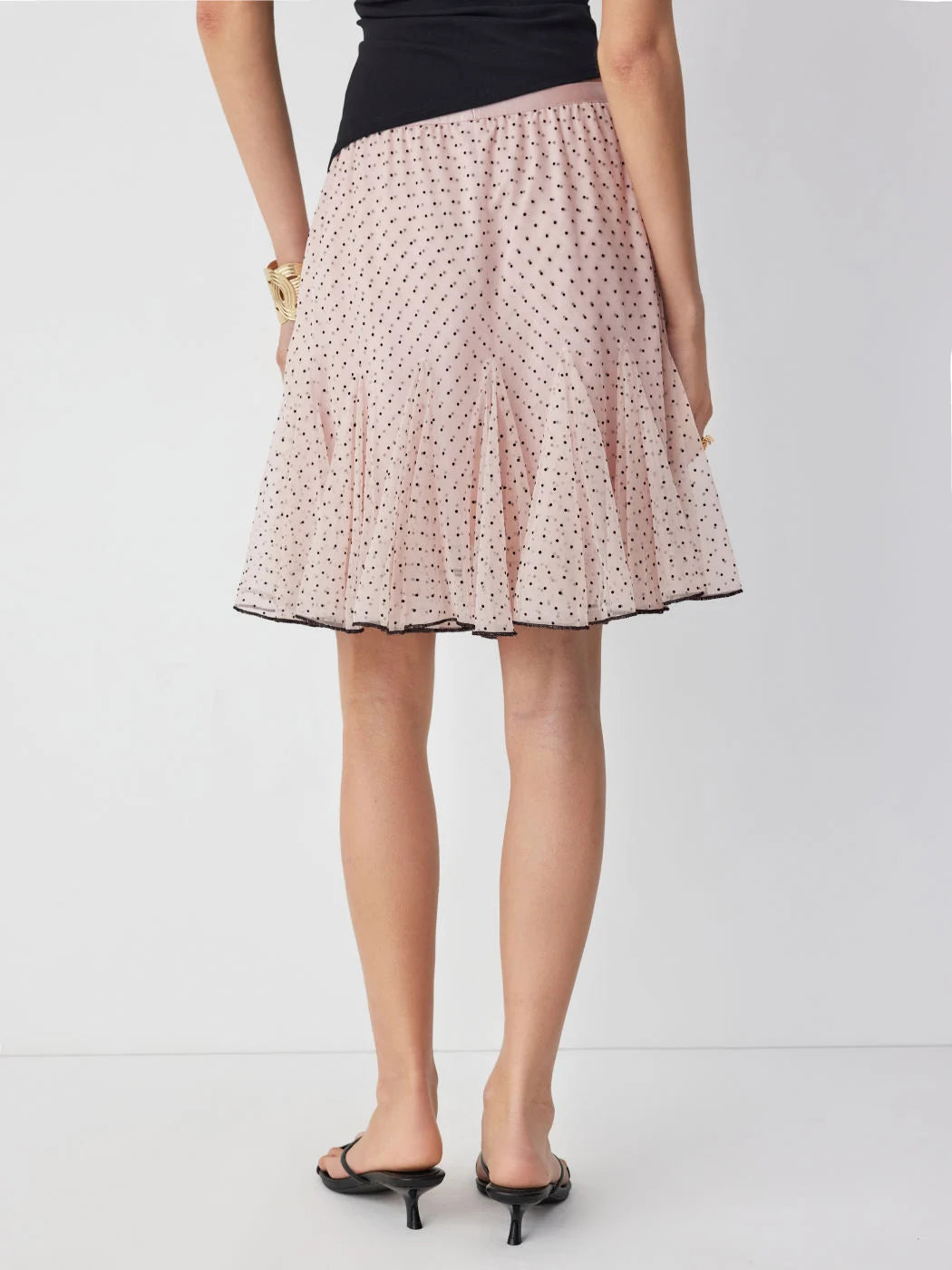 Pink Mesh Low‑Rise Polka Dot Ruffled Flared Midi Skirt