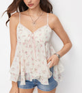 Cream Chiffon Floral Ruffle‑Hem V‑Neck Cami Blouse