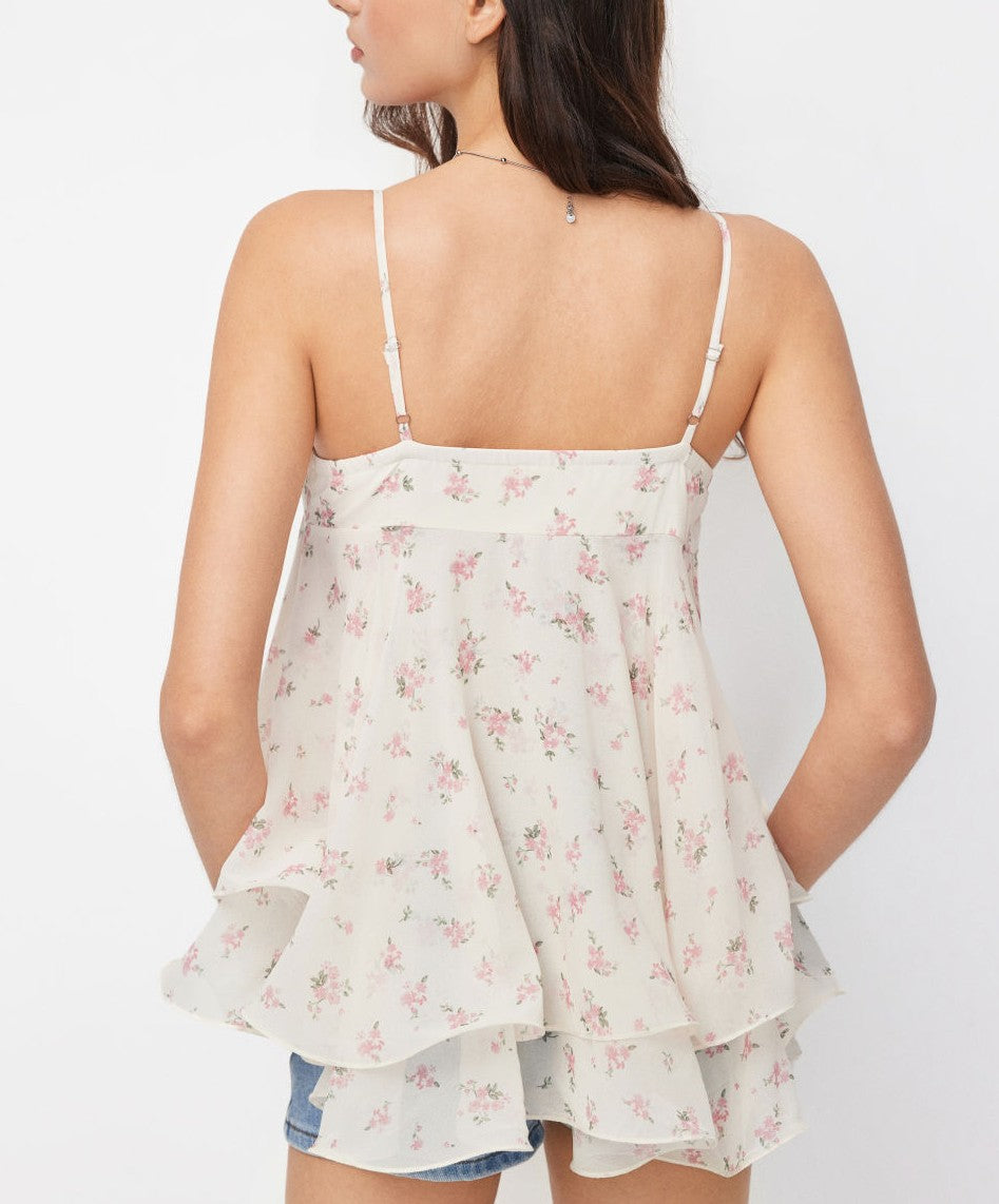 Cream Chiffon Floral Ruffle‑Hem V‑Neck Cami Blouse