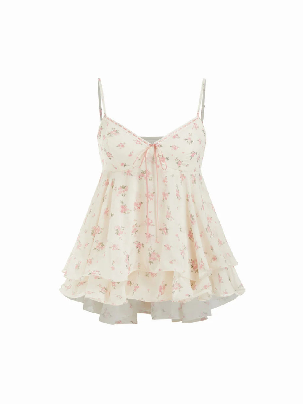 Cream Chiffon Floral Ruffle‑Hem V‑Neck Cami Blouse