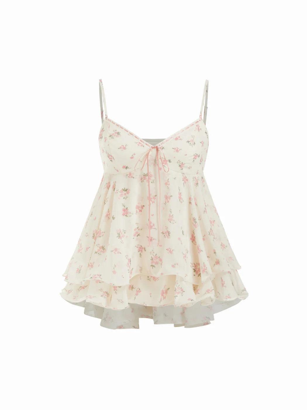 Cream Chiffon Floral Ruffle‑Hem V‑Neck Cami Blouse