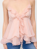 Pink Chiffon V‑Neck Layered Ruffle Tie‑Back Cami Blouse