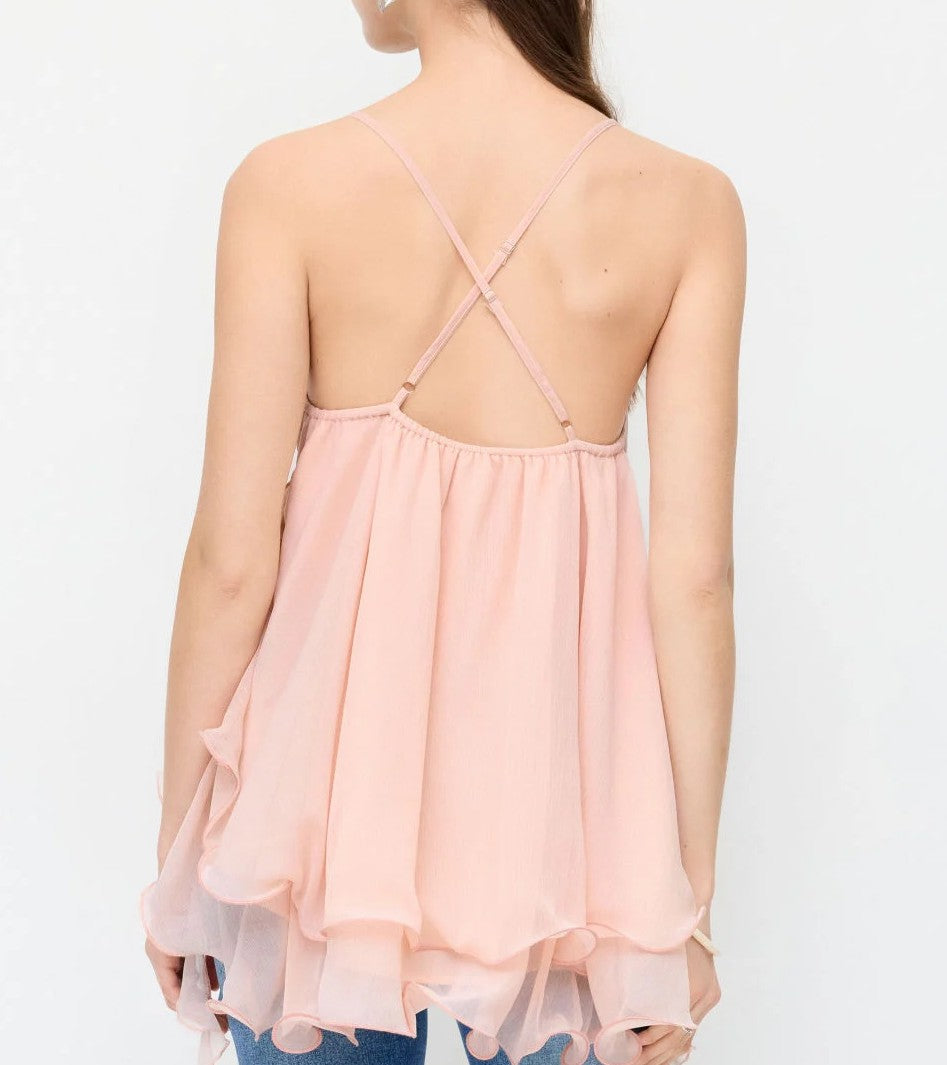 Pink Chiffon V‑Neck Layered Ruffle Tie‑Back Cami Blouse