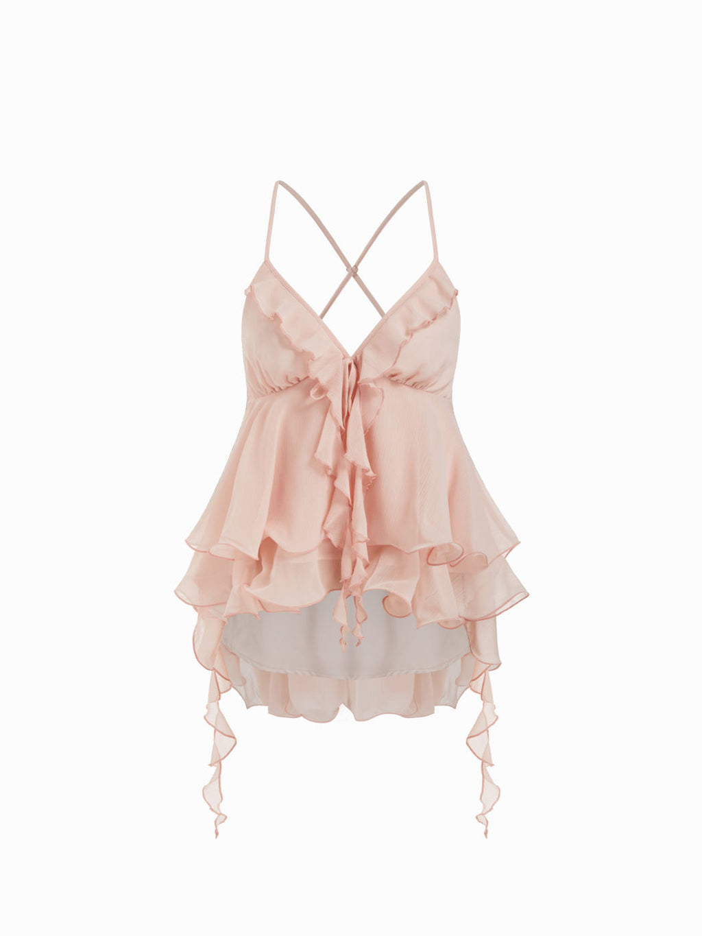 Pink Chiffon V‑Neck Layered Ruffle Tie‑Back Cami Blouse