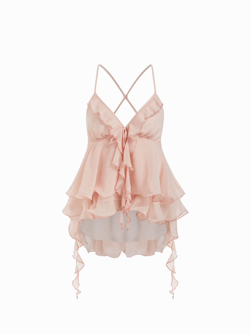 Pink Chiffon V‑Neck Layered Ruffle Tie‑Back Cami Blouse