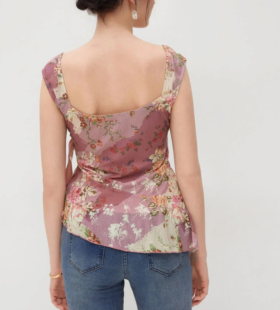 Pink Mesh U‑Neck Floral Asymmetrical Knotted Tank Top