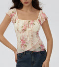 Pink Floral Chiffon Square Neck Ruffle Sleeve Crop Top