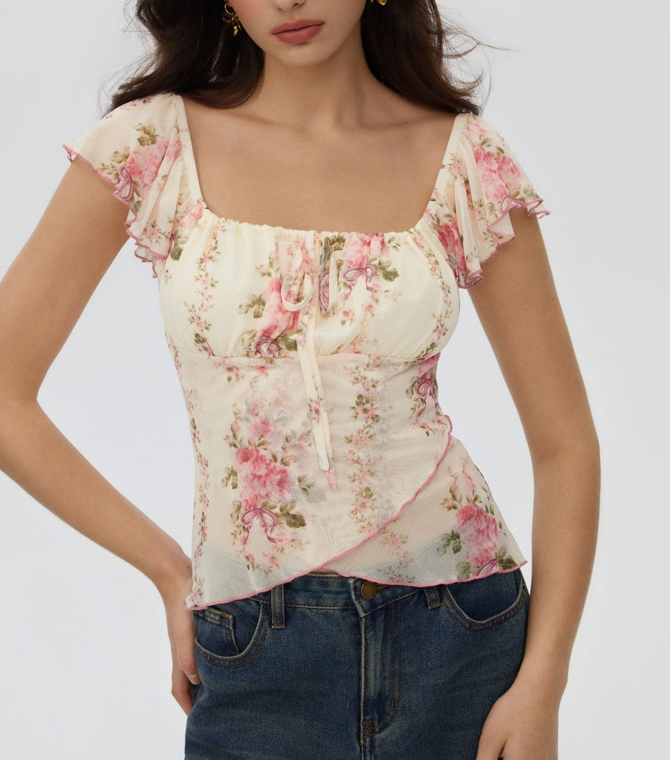 Pink Floral Chiffon Square Neck Ruffle Sleeve Crop Top