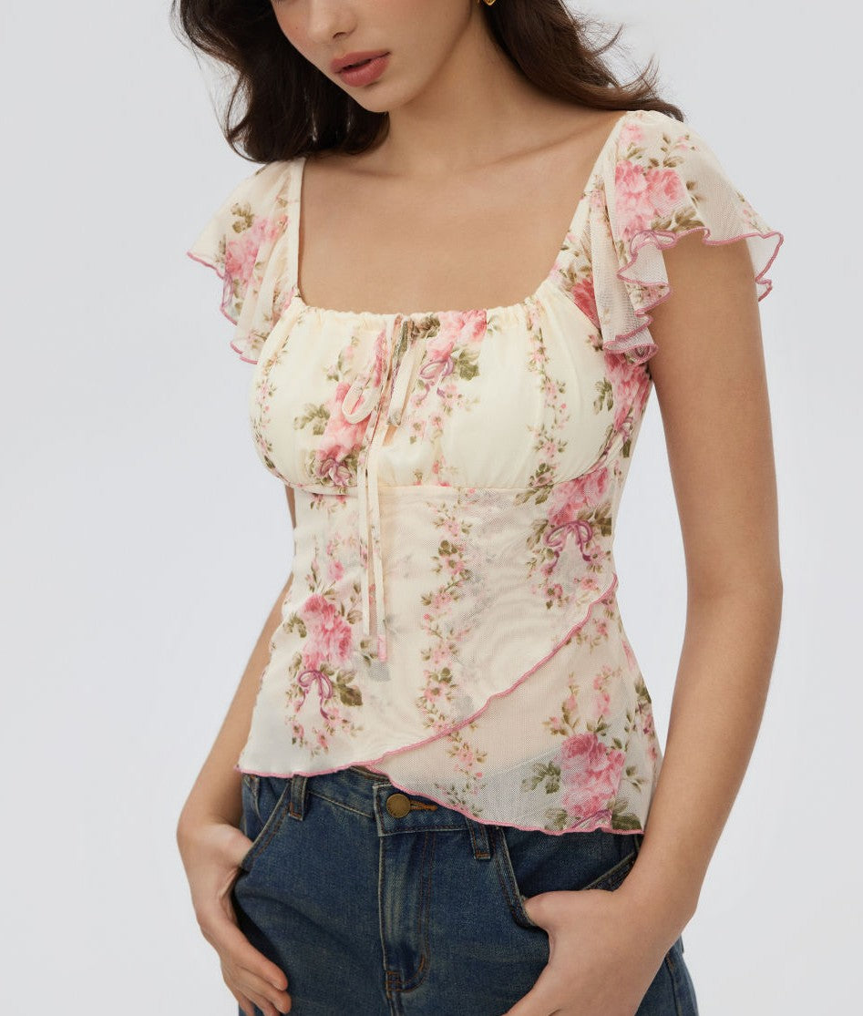 Pink Floral Chiffon Square Neck Ruffle Sleeve Crop Top