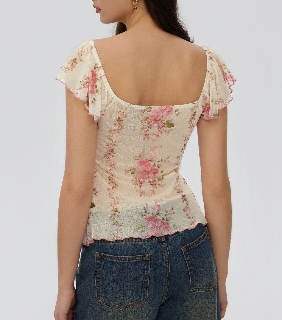 Pink Floral Chiffon Square Neck Ruffle Sleeve Crop Top